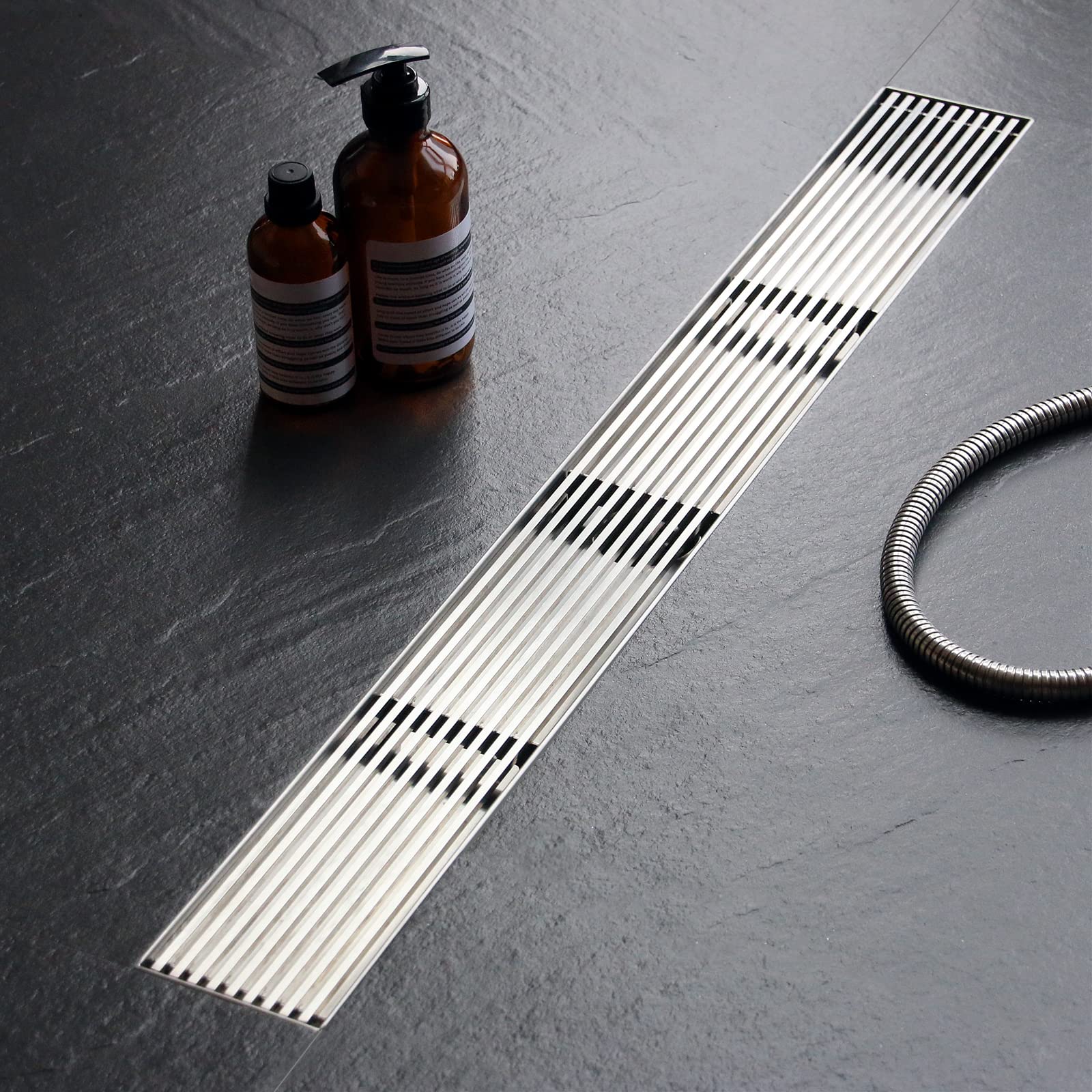 Photo 1 of Sharpeye 28 Inch Linear Shower Drain with Removable Wedge Wire Pattern Grate, Brushed Nickel 304 Stainless Steel Rectangle Shower Floor Drain for Bathroom, CUPC Certified, with Hair Strainer