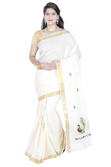 Kerala saree with simple Peacock embroidery