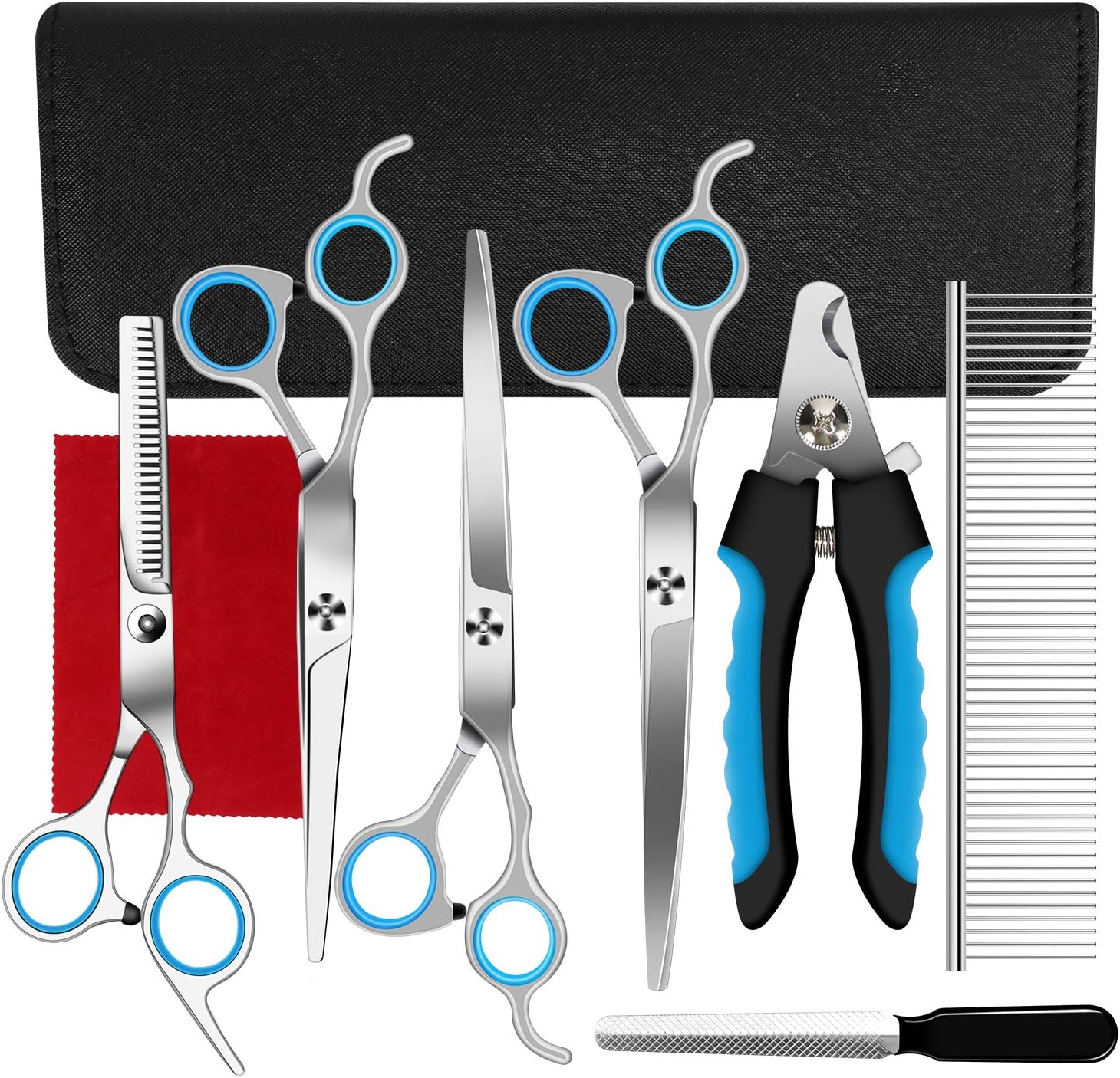 Ferbon 9 Pcs Dog Grooming Scissors Kits, 7 inches Pet Stainless Steel Curved, Straight, Thinning Shear Suit, Trimmer Kit with Dog Nail File, Clippers, Grooming Comb for Cat and Pet
