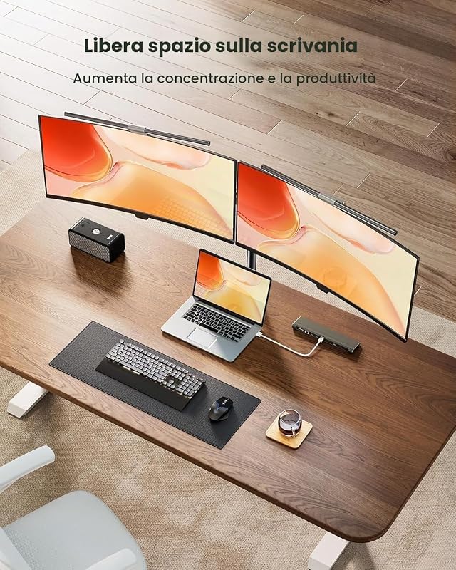 Supporto per doppio monitor, resistente, regolabile, per 2 schermi fino a 32 pollici, completamente regolabile in altezza, inclinabile, girevole, supporta 8 kg per braccio monitor, facile