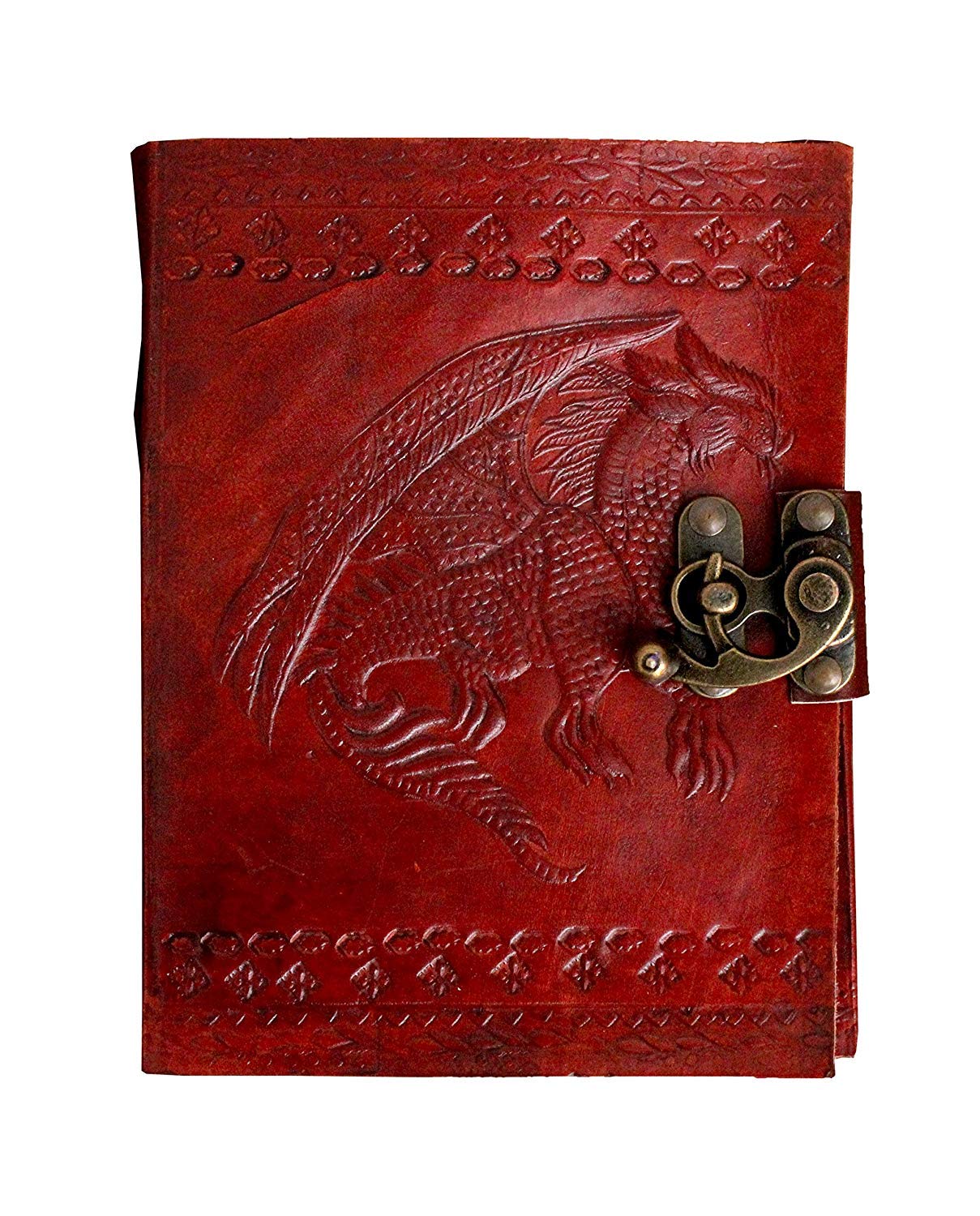 PotStar Dragron With One Lock Leather Diary , Handmade Journal , Travel Diary, Artist Sketchbook, Scrapbook Drawing Writing Notebook, Unlined, for Men and Women, Brown, 10X7
