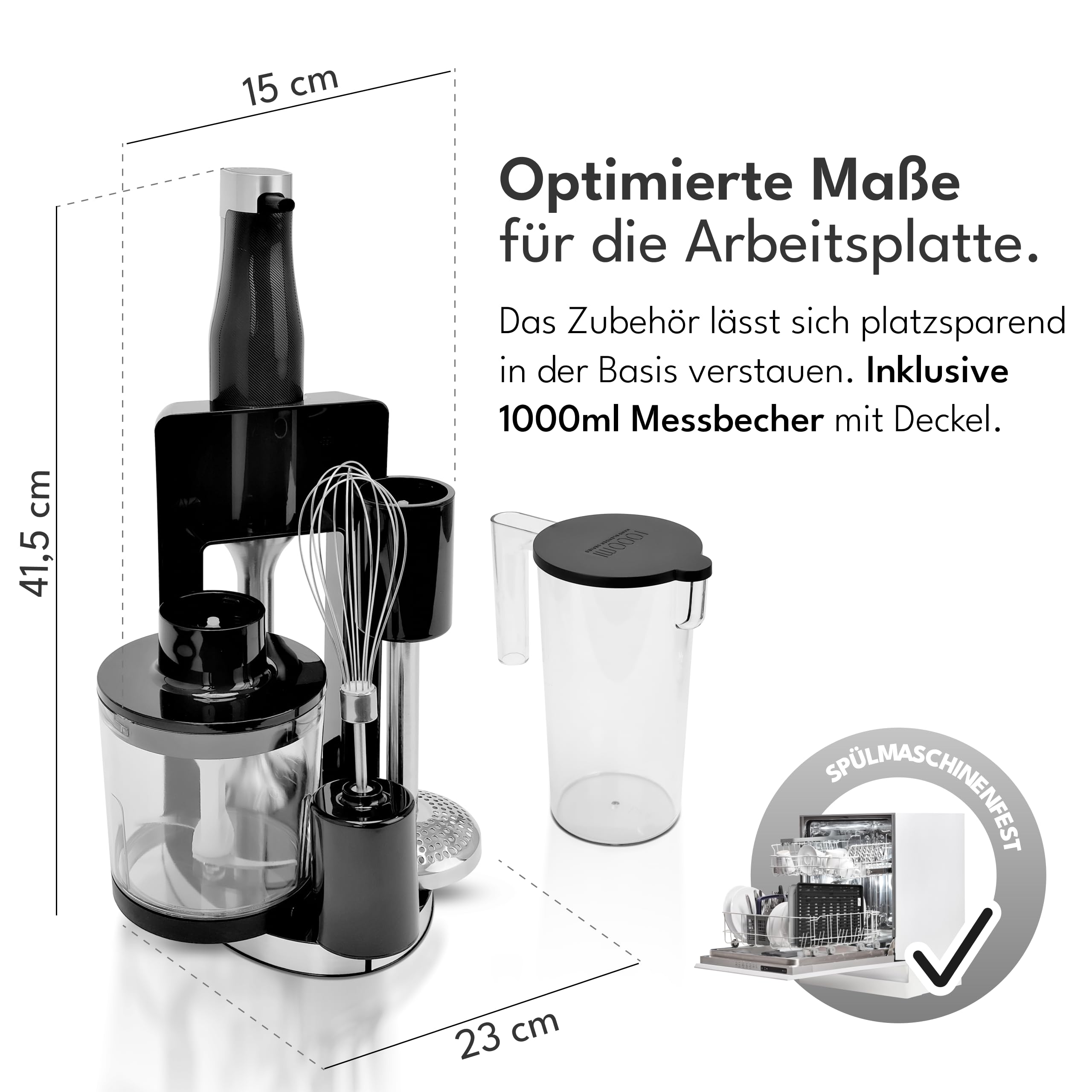 LEBENLANG Premium 1200W Stabmixer Set - Inkl. 5x Zubehör & Spritzschutz I Stufenlos verstellbar & Turbo I Elektrische Hand Blender Pürierstab Edelstahl Zauberstab Mixer Mixstab Purierstabmixer Stab 5