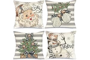 GEEORY Christmas Pillow Covers 18x18 Set of 4 for Christmas Decorations Santa Claus Snowman Christmas Tree Joy Grey Striped Xmas Pillows Throw Pillow Covers Farmhouse Decor for Couch
