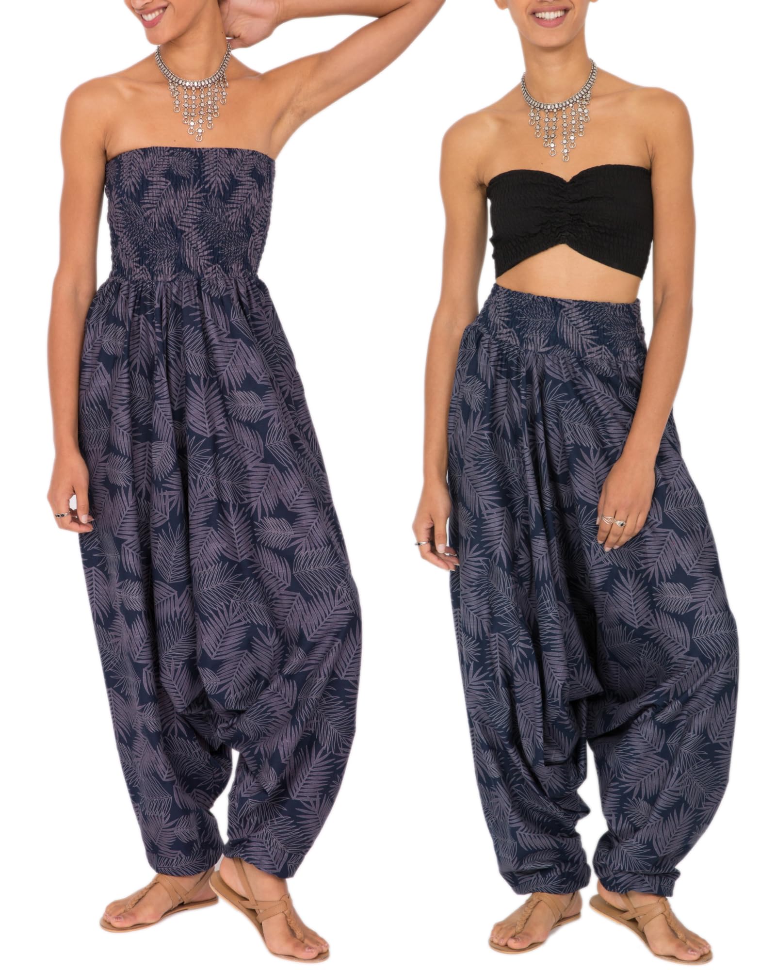 likemary Jumpsuits for Women UK Converts into Harem Pants with Pockets - 2-in-1 Outfit - Cotton Strapless Romper & Comfy Elasticated Waist Trousers Blue Leaves Print