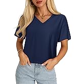 YUCOLEN Cropped T Shirts for Women Short Sleeve V Neck Cotton Basic Tees Soft Loose Fit UPF 50+ Crop Tops for Summer