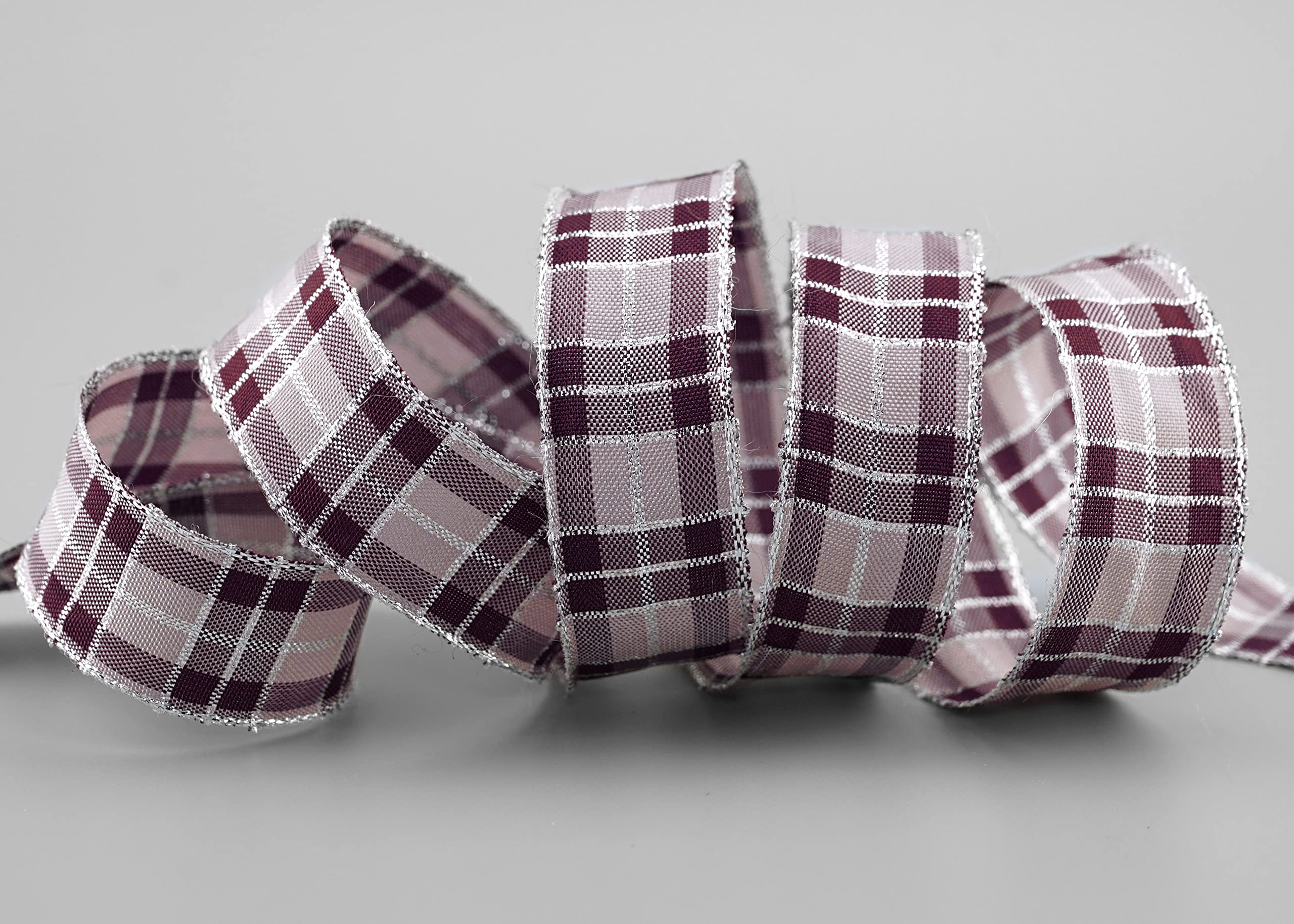 Finemark 20m x 25mm Vibrant Tartan Checked Christmas Ribbon Plum Silver, Purple, Gold with Lurex Wired Edge, Ideal for Gifts, Decorations, Crafts, Made in Germany