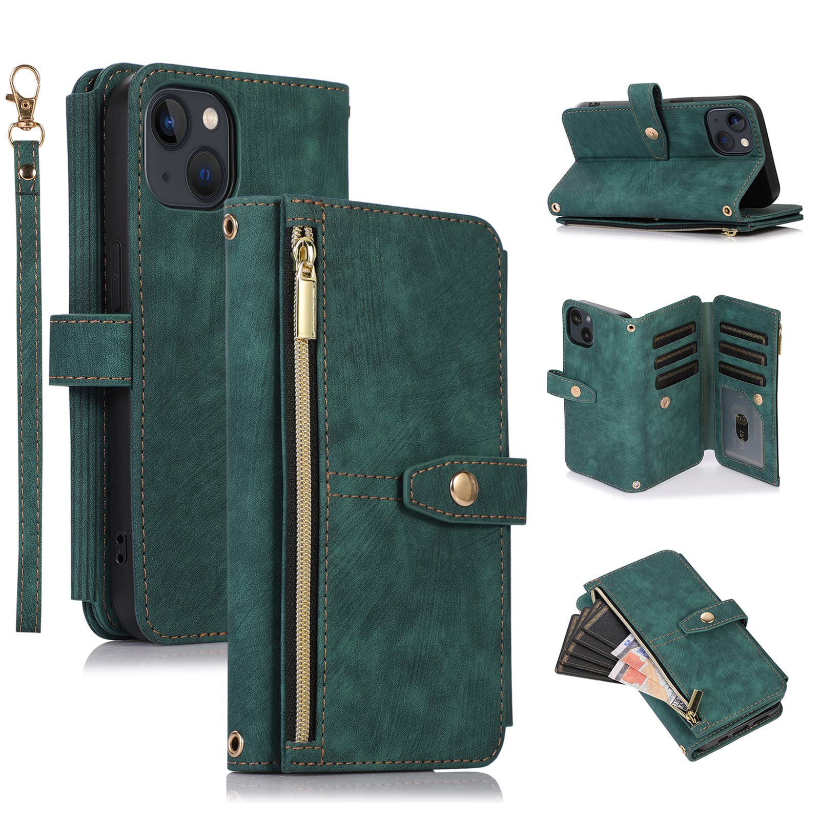 UEEBAI Case for iPhone 14 6.1 inch, 9 Card Slots Retro Leather Wallet Shockproof Flip Cover with Hand Strap Card Slots Zipper Pocket Kickstand Handbag Magnetic Closure - Green