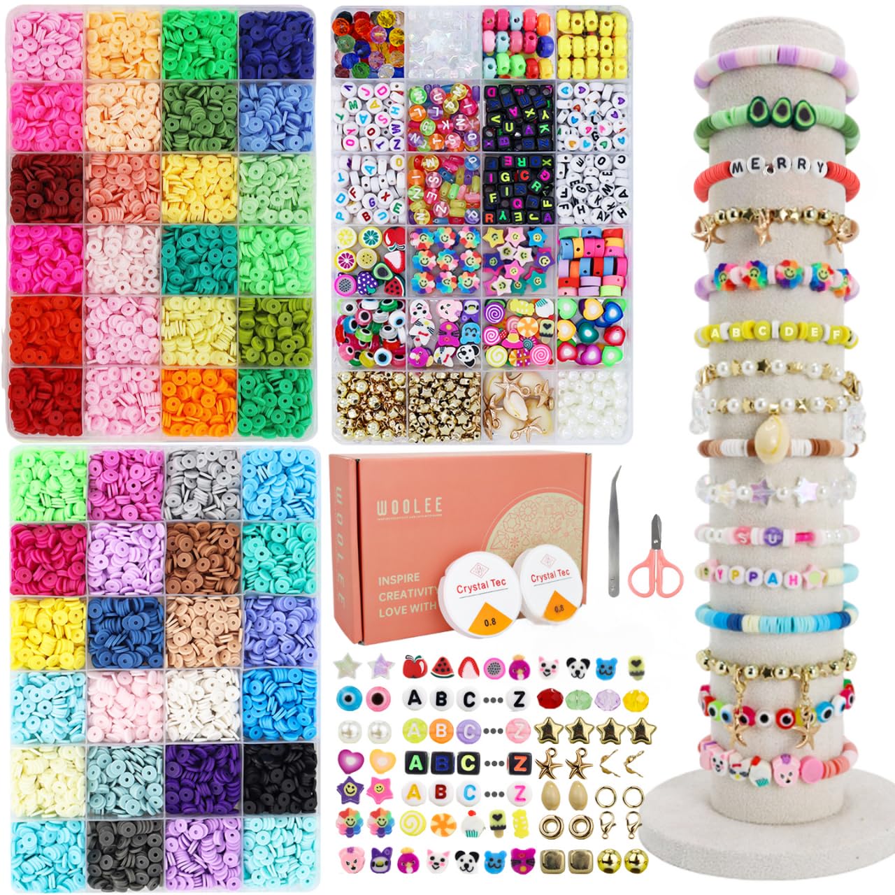 WOOLEE 10885pcs+ Clay Beads Bracelet Making Kit, 48 Colours Clay Beads Making kit, Friendship Bracelet Kit, Letter,Charms Necklace, Earrings Jewelry Making, Girls' Craft Gift
