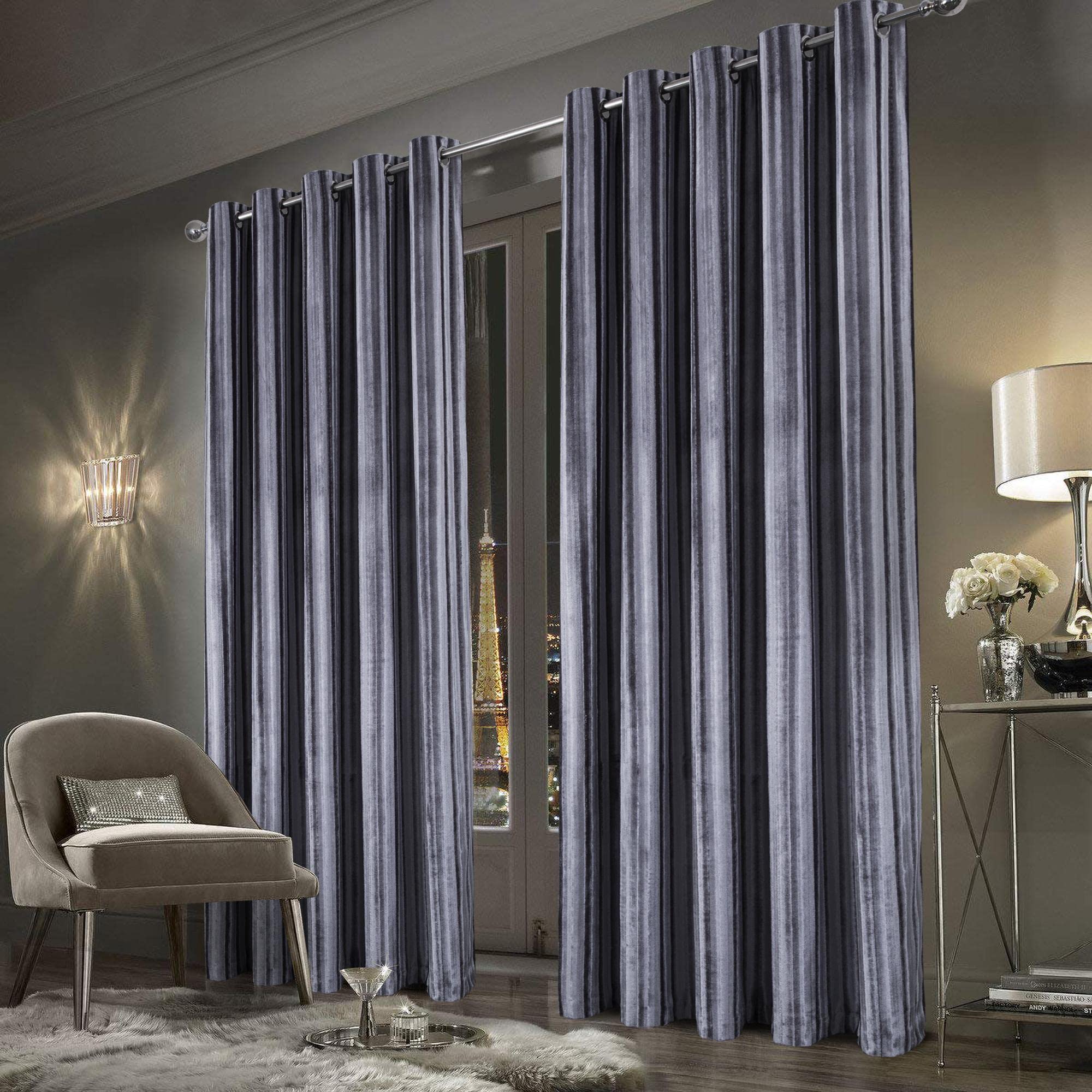 always4u Crushed Velvet Curtains Luxury Line Pattern Curtain Eyelet Thermal Dark for Living Room Window Treatments Silver A Pair 46 * 54