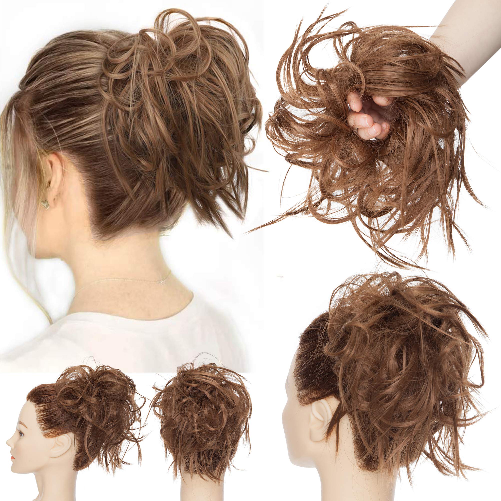 Tousled Updo Messy Bun Hair Piece Scrunchies Hair Synthetic Wavy Bun Extensions Fluffy Updo Scrunchy Chignon with Elastic Rubber Band Wrap on Donut Ponytail Hairpieces Light Brown