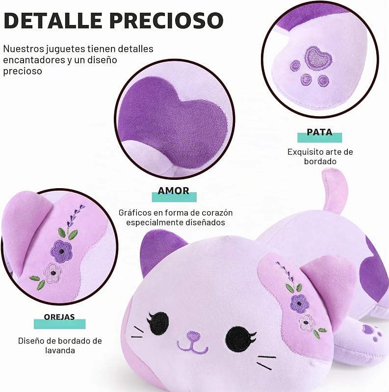 Peluche Gato Kuscheltier Peluche Kawaii Gato Almohada de Peluche Juguetes Plüsch Kätzchen Regalo de Peluche para Adultos Niños 3+ años (Violeta, 30cm)
