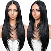 BrownBomb Black Wear and Go Glueless Wigs Pre Plucked Pre Cut for Beginners Long Layered Straight Synthetic Lace Front Wigs w