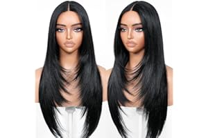 BrownBomb Black Wear and Go Glueless Wigs Pre Plucked Pre Cut for Beginners Long Layered Straight Synthetic Lace Front Wigs with bangs 26 Inch Natural 1B 3 Seconds to Wear for Beginners