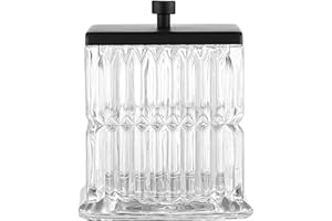 Vince Camuto Home Glass Cotton Jar Holder – Matte Black Lid, Elegant Bathroom Storage Canister for Qtips, Cotton Balls, Floss
