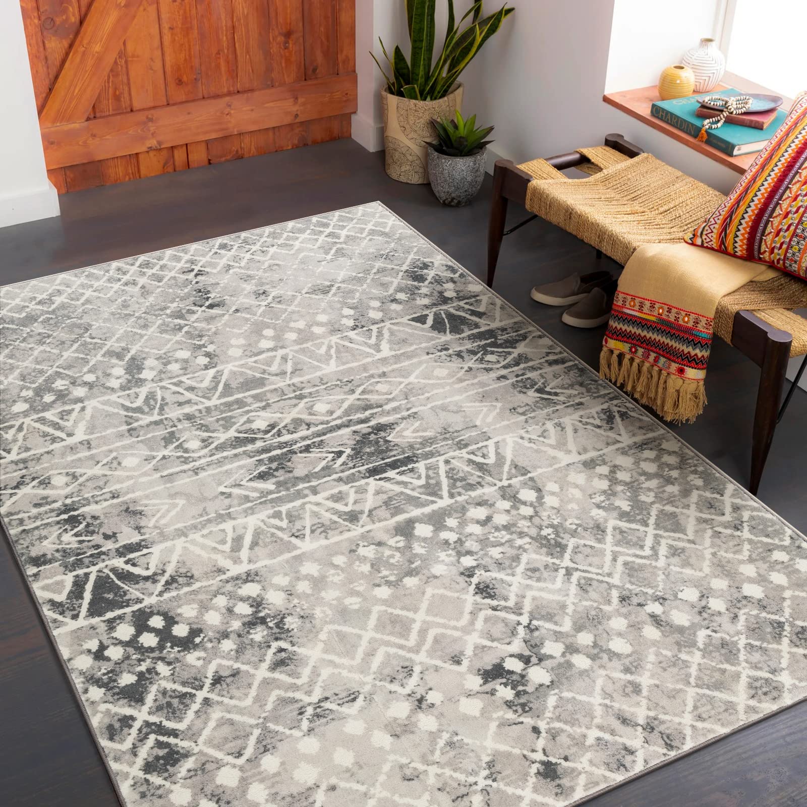 Carvapet Hallway Runner Rug 90x150cm Non Slip Long Kitchen Mat Washable Area Rug Soft Microfiber Geometric Tribal Floor Carpet Runner(Grey)