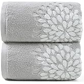 Cute Bath Towels Set of 2 (Light Grey) - Large 55” x 28”, Decorative Hydrangea Floral Jacquard, Guest Room & Bathroom Decor, Cotton