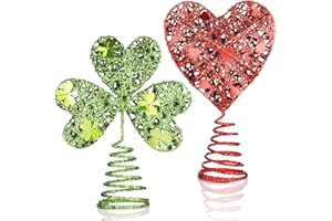 Daifunli 2pcs Valentine Day St Patrick's Day Mini Tree Topper Heart Shamrock Tree Topper Red Green Iron Metal Glitter Holidays Ornament for Irish Festival Party Decorations (2,Classic)