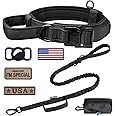 OEBEESA Tactical Dog Collar and Leash Set:-Adjustable Nylon Dog Collar with Handle Shock Absorbing Retractable Strong Dog Leash for Medium Large Dogs with Airtags Holder Patches