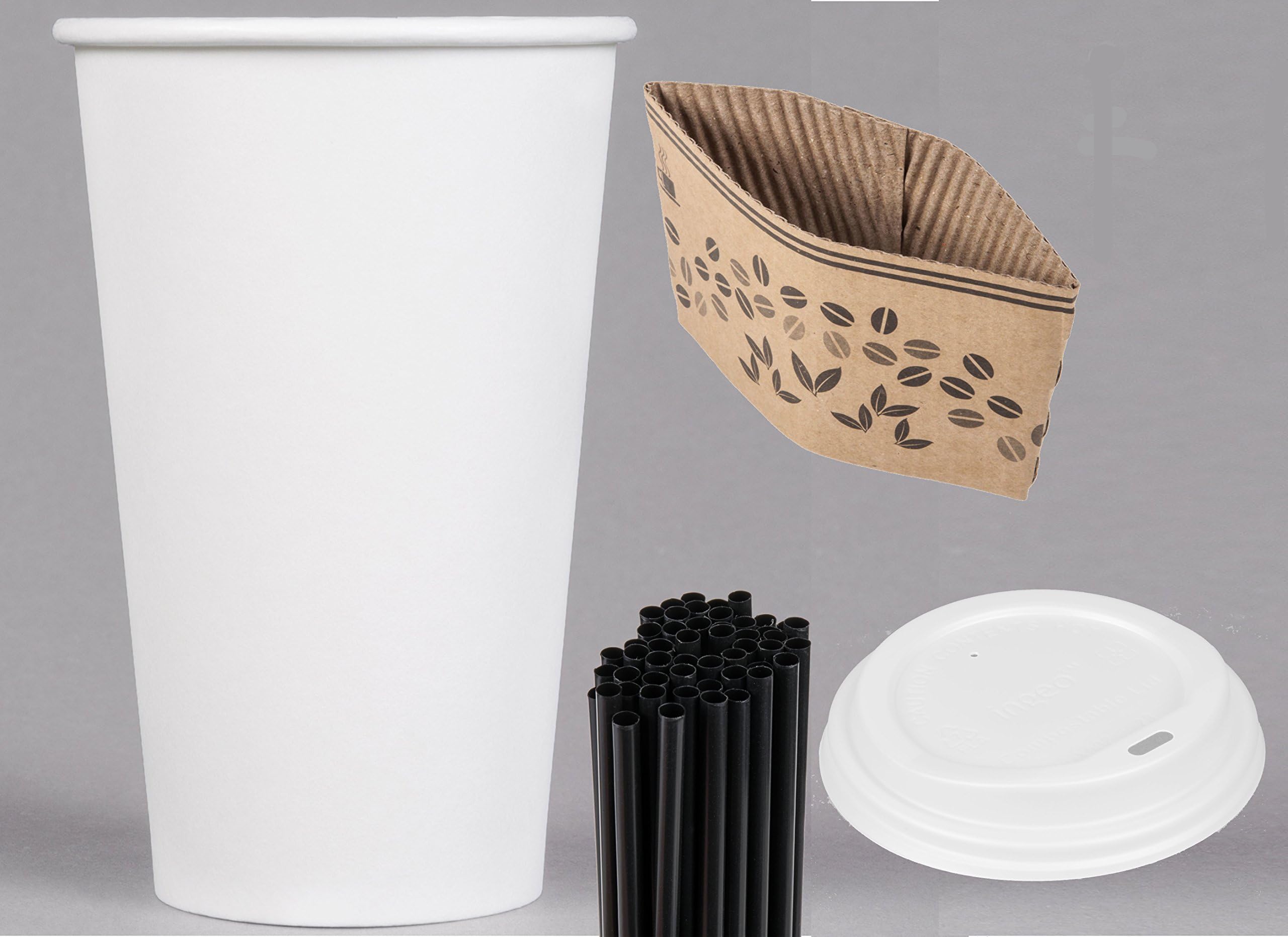 Coffee Cups To-Go Set 50-Pack (50 White Paper 16oz Coffee Cups, 50 Coffee Lids, 50 Black Plastic Stirrers, 50 Sleeves)