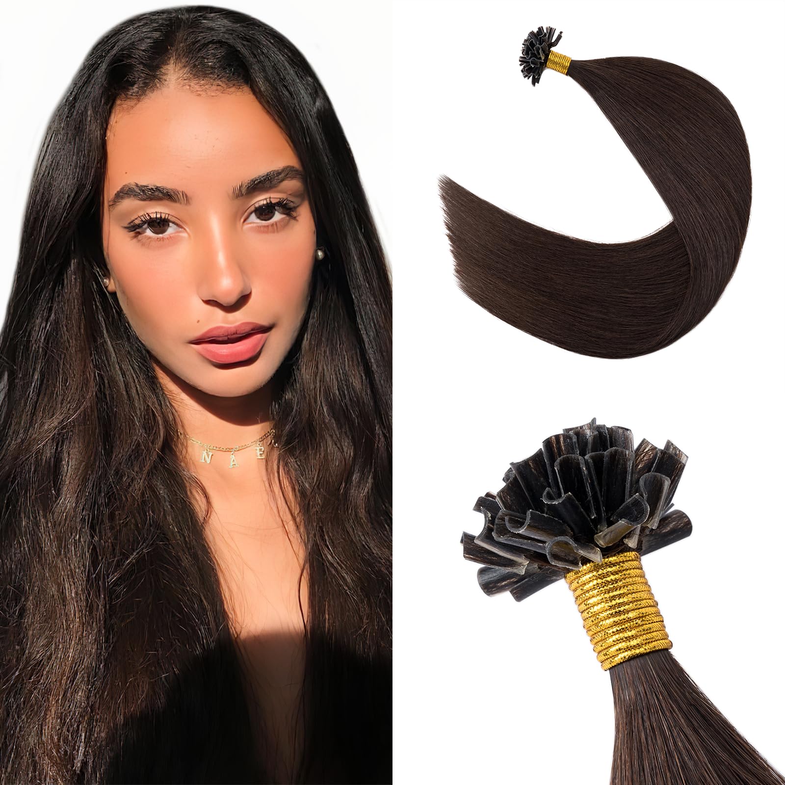Silk-co U Tip Pre Bonded Hair Extensions Strands Keratin Nail Tip Straight Human Hair Extensions U tip Real Remy Hair 50 Strands Keratin Nail Til 14"-40g #02 Dark Brown