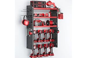 KAFAHOM Power Tool Organizer, Large 8 Drill Holder Wall Mount with 2 Side Pegboards,5 Layer Heavy Duty Metal Tool Storage Rack, Tool Shelf for Garage Organization, Utility Battery Shelves - Red