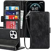 iCoverCase for iPhone 12/12 Pro Wallet Case with Wrist Strap, [RFID Blocking] PU Leather Kickstand Shockproof Case with Credit Card Holder Magnetic Flip Folio Cover Case (Black)