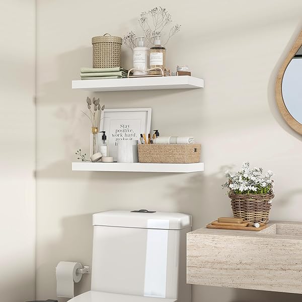 HEIMLOVE 24 INCH FLOATING SHELVES FOR WALL,9.3 INCH DEEP WHITE WOOD SHELVES WITH INVISIBLE BRACKETS,WALL MOUNTED STORAGE & DISPLAY SHELVES FOR BEDROOM,LIVING ROOM,SET OF 2