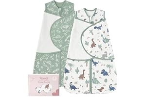FIEMOL Baby Swaddle Sleep Sack 3-6 Months, Cotton Swaddles for Newborns Boys Girls, 2-Way Zipper Transitional Infant Wearable Swaddling Blanket with Quiet Closure, 0.5 TOG 2 Pack Soft Green Dinosaur