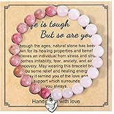 ZLLOO Natural Stone Bracelet for Women Pink Ribbon Awareness Handmade Beaded Encouragement Gift with Message Card