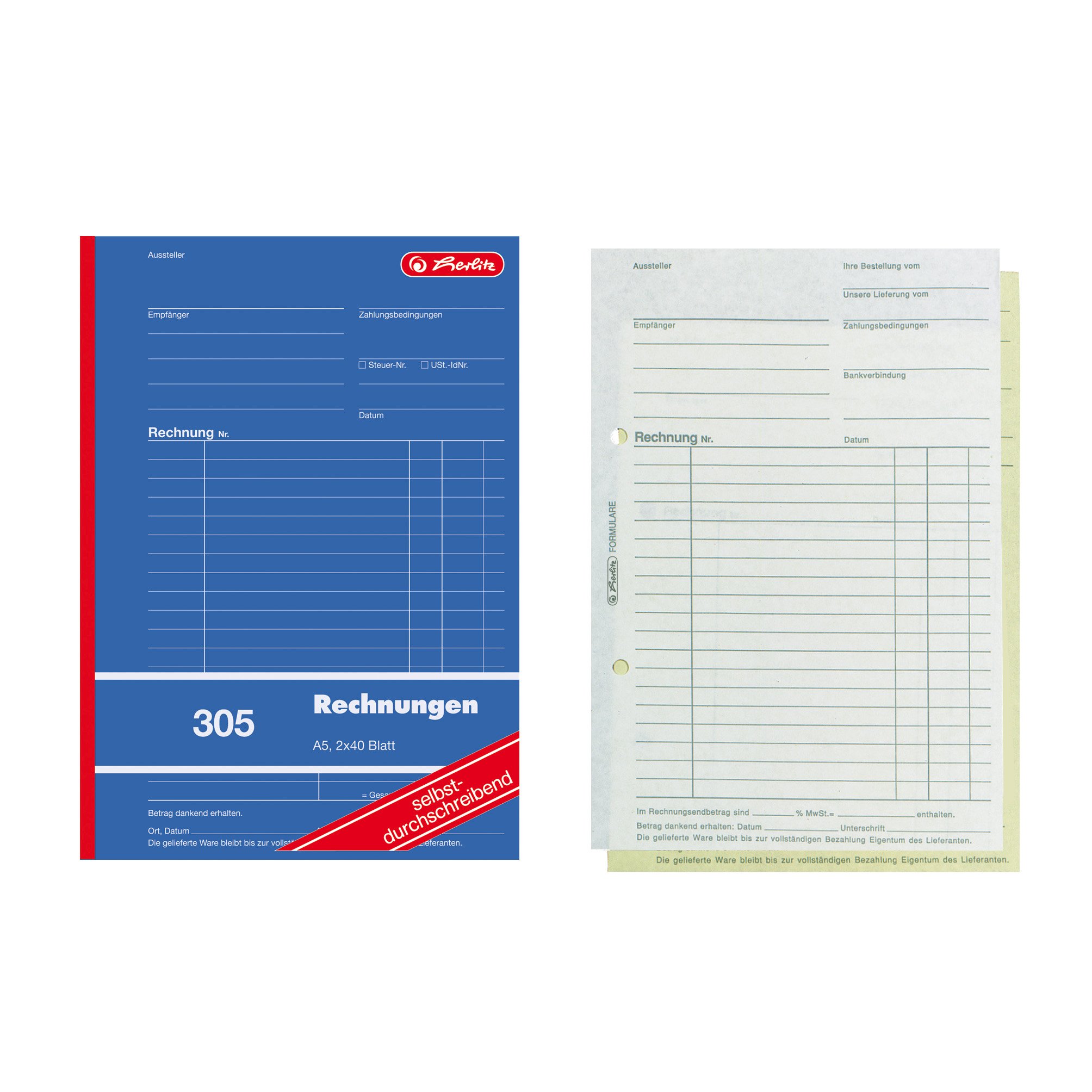 Herlitz 1932862 Accounts Book A5, 305 2 x 40 Sheets, Carbonless Copying, Pack of 4