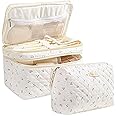 HBselect 2Pcs Double Layer Travel Makeup Bag Women, Cotton Quilted Makeup Bag Coquette Makeup Bag Large Travel Cosmetic Bag Aesthetic Cute Kawaii Cherry Makeup Bag Toiletry Bags for Women Girls