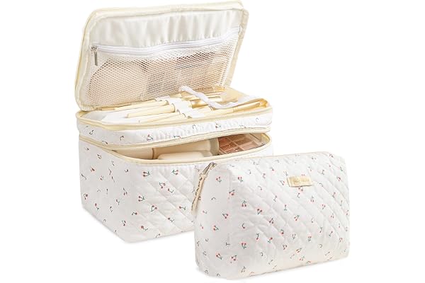 HBselect 2 Pack Cotton Makeup Bag Floral Quilted Cosmetic Pouch Double Layer Large Capacity Flap Handheld Travel Makeup Bag K