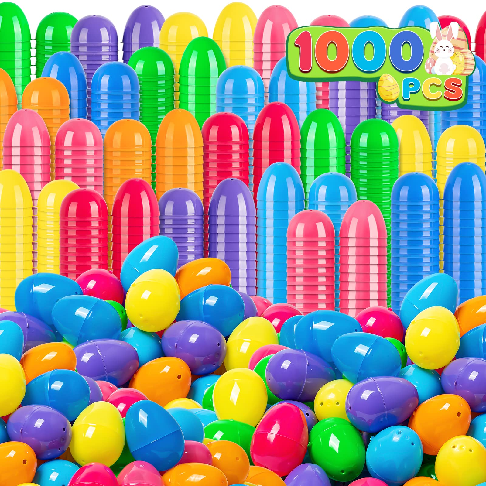 Birebebys 1000 PCS Plastic Easter Eggs Bulk, 2.4" Empty Easter Eggs in 8 Colors, Fillable Easter Egg for Easter Hunt, Basket Stuffers Fillers, Classroom Prizes, Party Favors Supplies Decoration