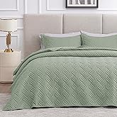 Love's cabin California King Size Quilt Bedding Set Sage Bedspread - Cal King Summer Lightweight Bedspread Comforter - Wave Pattern Coverlet for All Season - 3 Pieces (1 Quilt, 2 Pillow Shams)