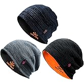 3 Pack Reversible Winter Fleece Lined Beanie Hats for Men Women Warm Windproof Cotton Stretchy Knitted Skull Caps