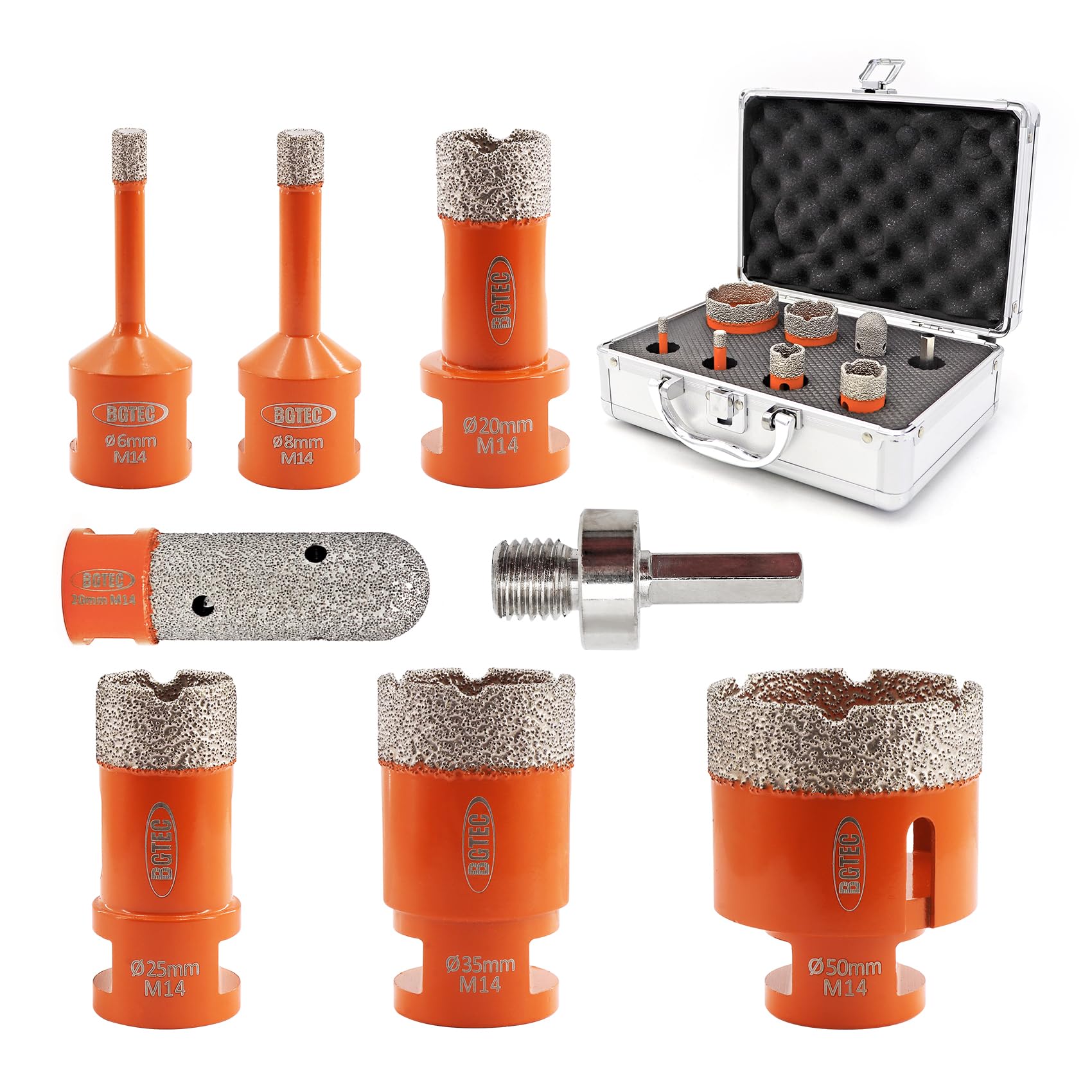 BGTEC Diamond Core Drill Bits Set-8pcs(6/8/20/25/35/35/50mm Hole Saw Drill+20mm Finger Bit+Hex Shank Adapter) with M14 Thread for Porcelain Ceramic Tile Granite Marble Masonry Granite Stone — image 1