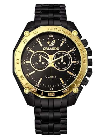 Orlando� Branded Chronograph Look with Black Dial, Black & Gold Plated Metal Belt Watches for Men - W1308BG