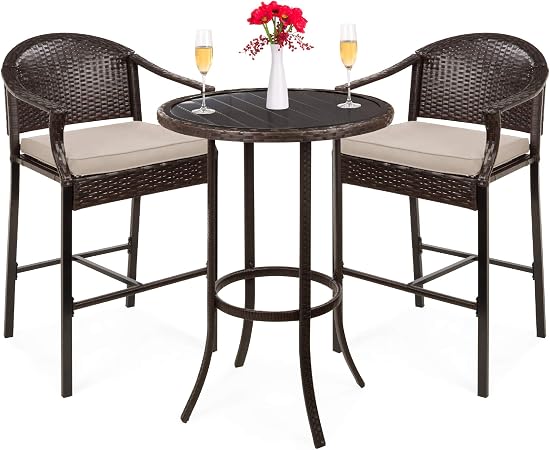 Amazon Com Best Choice Products 3 Piece Outdoor Wicker Bistro Bar Height Table Set For Patio Poolside Porch Deck Backyard Garden W Barstools Footrests Cushions Steel Frame Beige Garden Outdoor