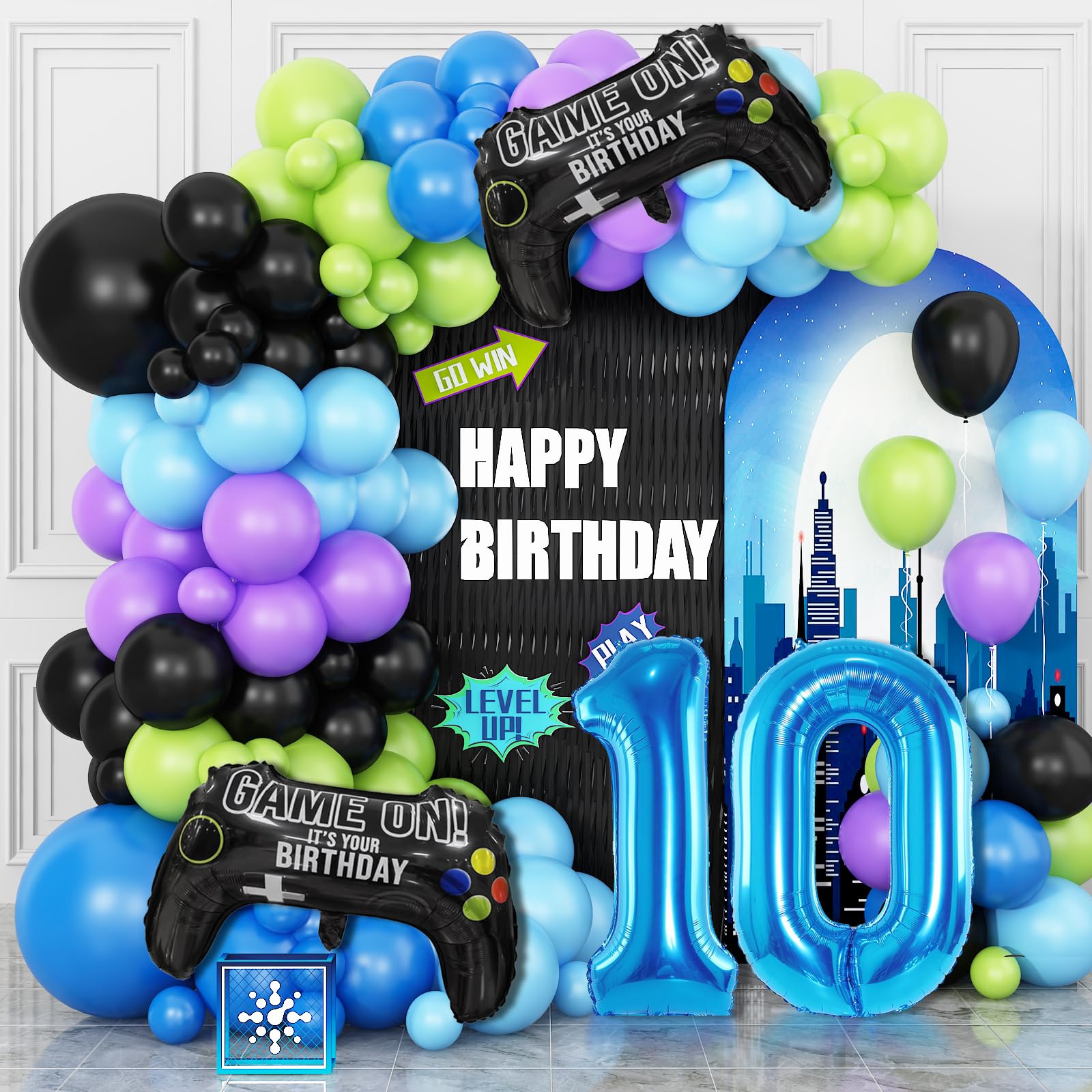 Photo 1 of 10th Birthday Video Game Balloons Arch, 10th Party Balloons Garland Kit 10th Birthday Supplies with Blue Number 10 Balloon Game Foil Balloons for 10 Year Old Teens Boys Decor