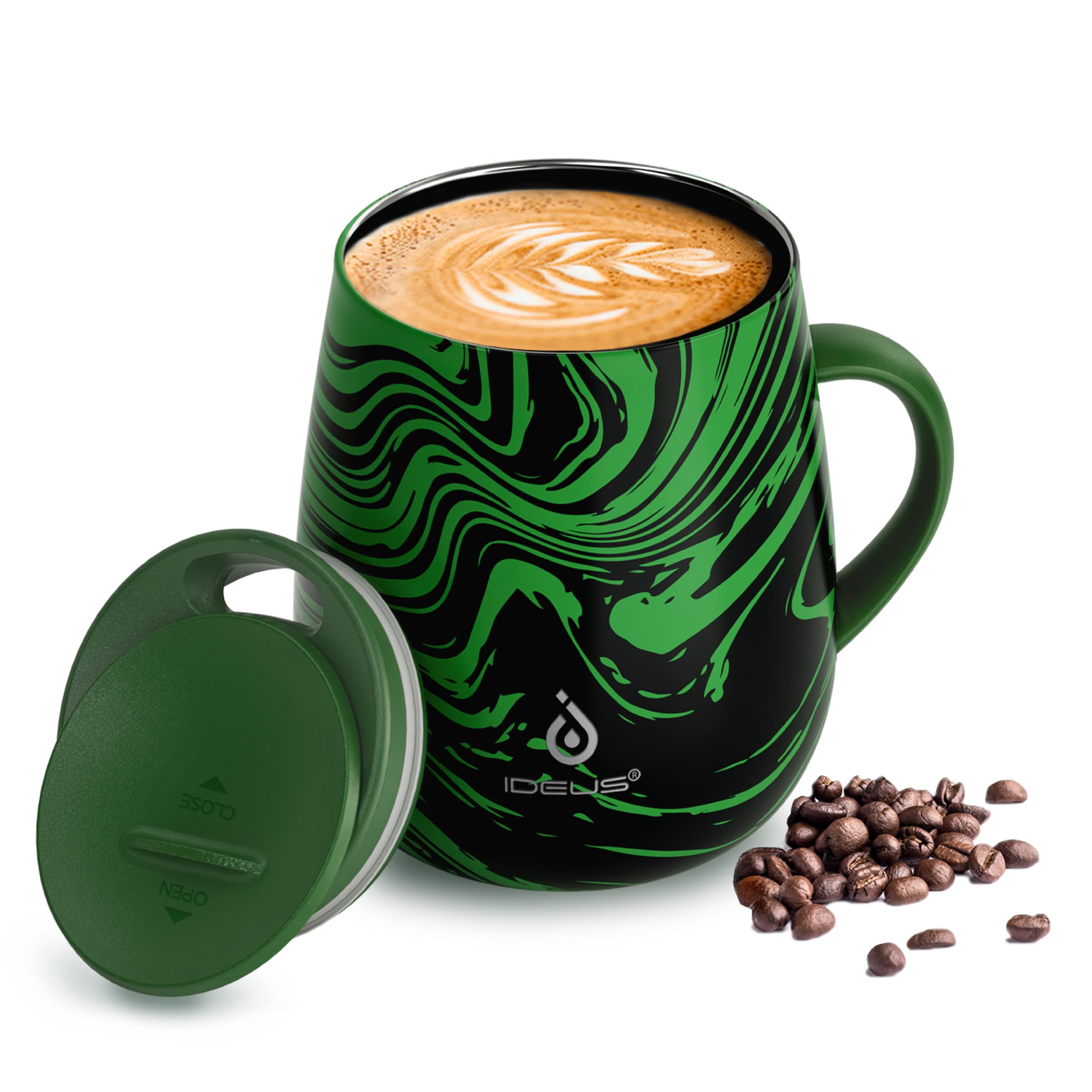 Ideus 16 oz Insulated Coffee Mug with Handle and Lid, Double Wall Stainless Steel Vacuum Insulated Tumbler Cup, Travel Coffee Cup Thermal Cup for Home Office (Green Zebra)