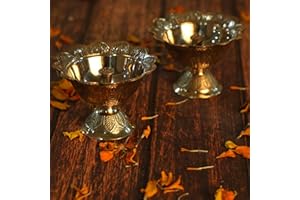 4OUR FAITH Handmade Brass Lotus Akand Diya - Traditional Indian Festive Diwali Pooja Lamp & Home Temple Decoration - Engraved Golden Oil Lamp - Perfect for Thanksgiving - Pack of 2 (2.50 INCH)