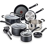T-fal Experience Nonstick Cookware Set 12 Piece, Induction, Oven Broiler Safe 350F, Kitchen Cooking Set w/Fry Pans, Saucepan, Stockpot, Kitchen Utensils, Pots and Pans, Dishwasher Safe, Black