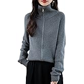Ciovkis Women's Merino Wool Blend Cardigan 2025 Fall Winter Zipper Sweatshirt Rib Long Sleeve Lapel Knit Cardigan Sweater