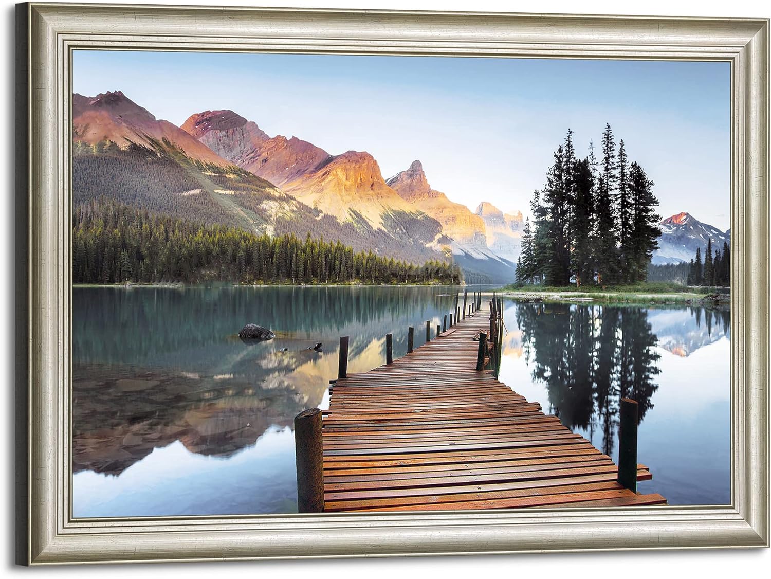 Paintings - Lake Reflection Framed Canvas Wall Art: Large Rocky Mountain Picture Wood Bridge Scenery Nature Landscape Painting Calming Forest Artwork Sunset Scenic Prints for Bedroom Living Room Home Office