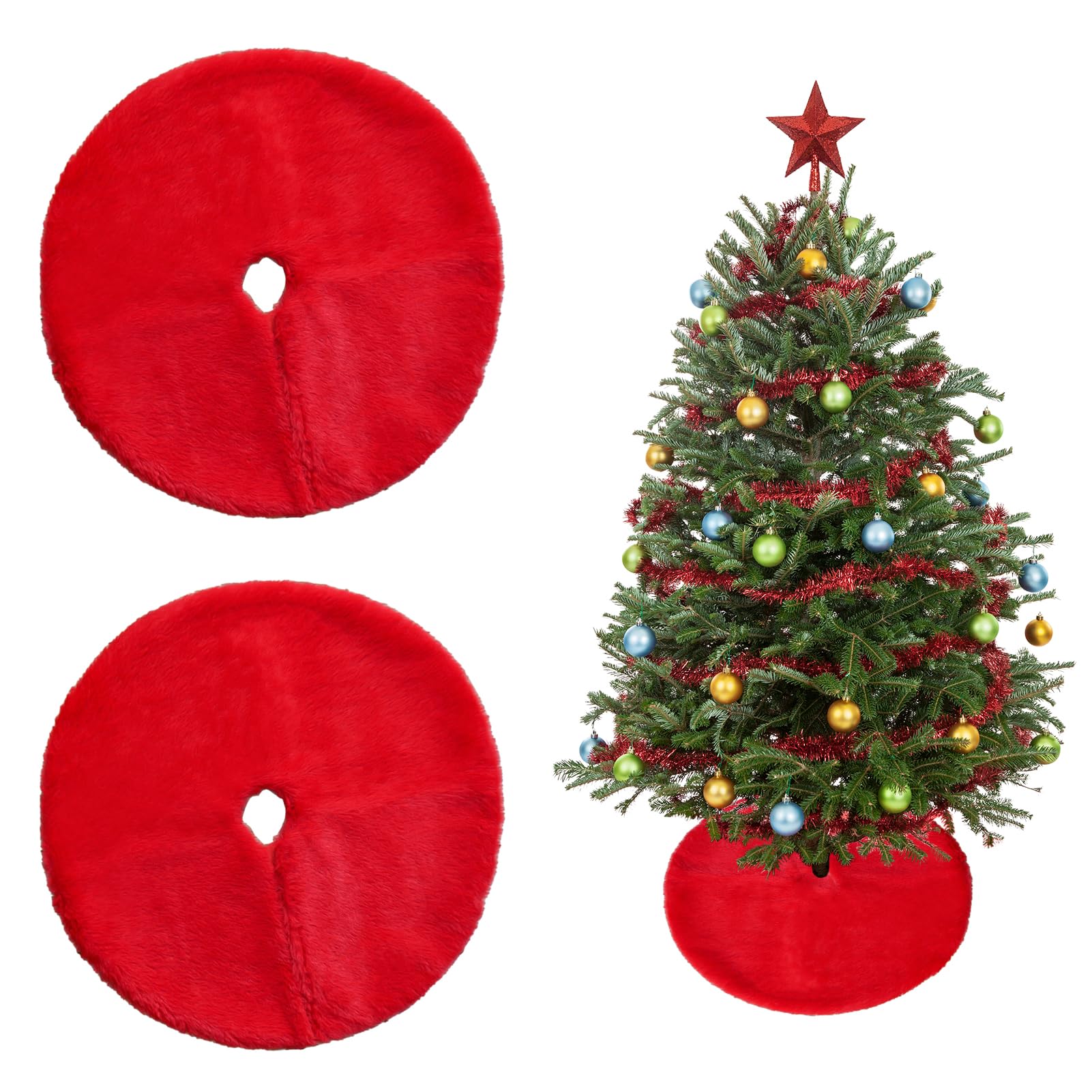 Photo 1 of 2 Pcs Red Plush Christmas Tree Skirt 15 Inch Mini Xmas Tree Skirt Faux Fur Skirt for Christmas Tree Decorations