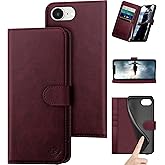 DuckSky Compatible with iPhone 16e 6.1" Genuine Leather Wallet case【RFID Blocking】【Credit Card Holder】【Real Leather】 Flip Folio Book Phone case Cover Women Men for Apple 16e case Wine Red