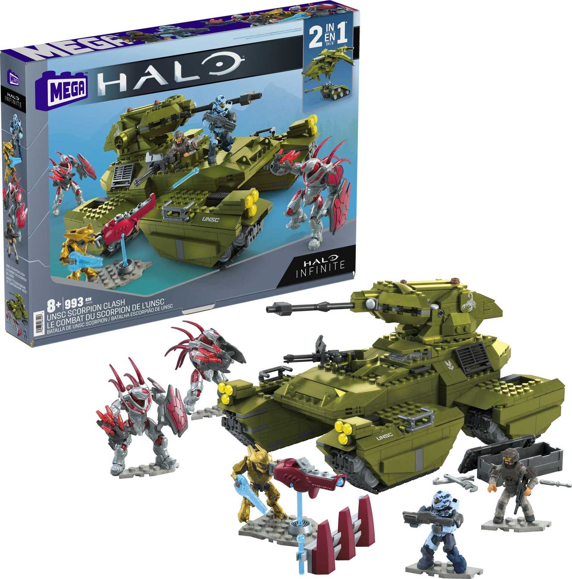 Mega Halo Infinite Toy Vehicle Building Set, UNSC Scorpion Clash with 993 Pieces, 5 Micro Action Figures and Accessories, Gift Ideas for Kids