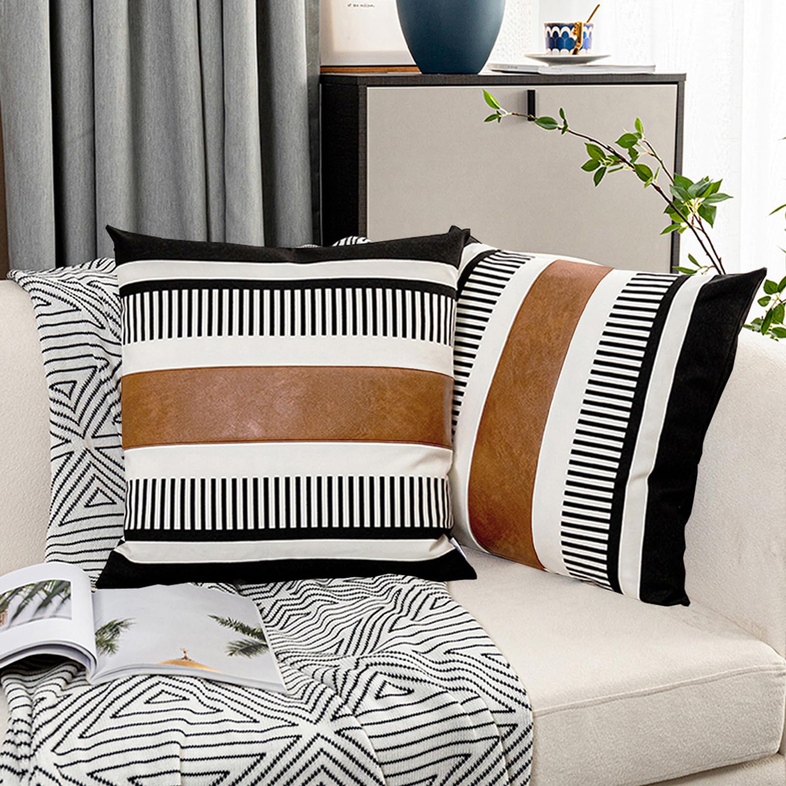 Photo 1 of Vfuty Pack of 2 Faux Leather and Cotton Patchwork Throw Pillow Covers for Sofa Couch Farmhouse Decorative Square Cushion Cover Boho Stripe Accent Pillow Case 20 x 20 Inch, Black