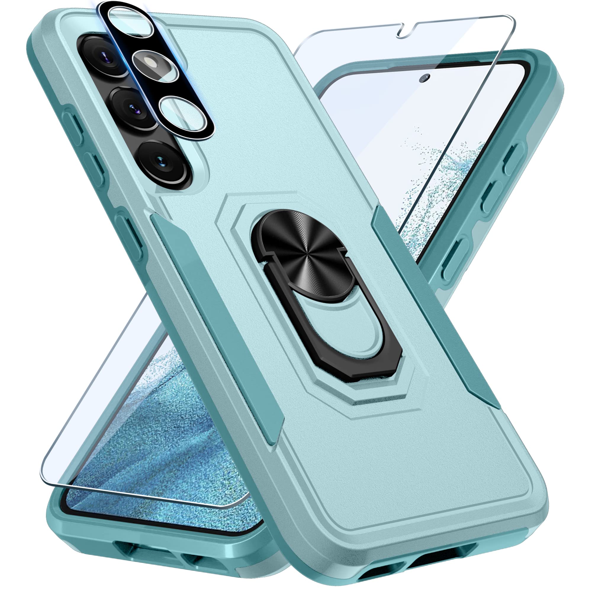 Photo 1 of Janmitta Compatible with Samsung Galaxy S23+ Plus Case with Screen Protector+Camera Lens Protector,Heavy Duty Shockproof Full Body Phone Cover Built in Metal Ring Holder Kickstand,2023 Mint Green