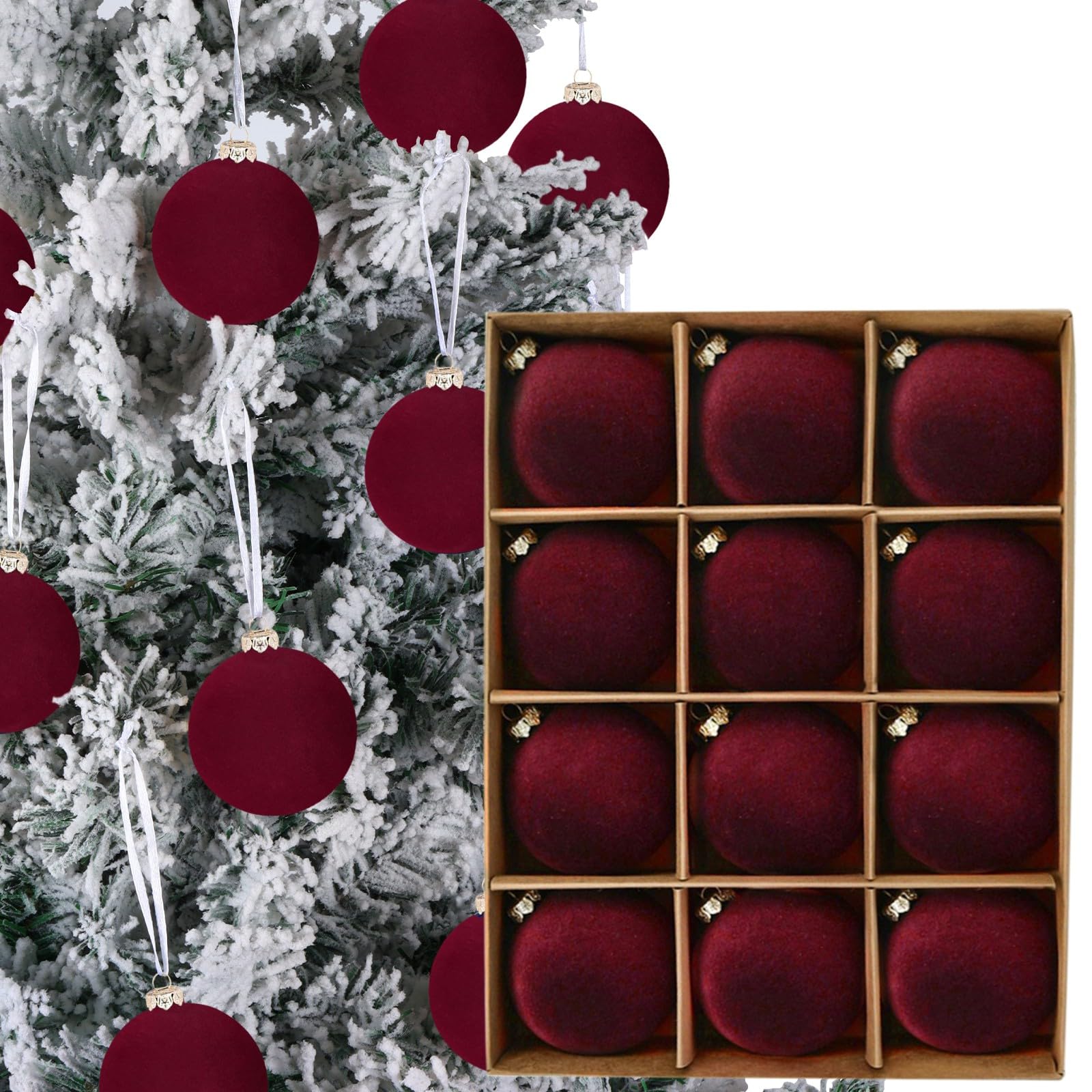 Photo 1 of 12pcs Christmas Tree Hanging Ball Decoration 2.4Inch Velvet Christmas Ornaments Balls Flocked Shatterproof Plastic Xmas Tree Ball for Party Holiday Wedding Home Decor (1, Burgundy, 12PCS)